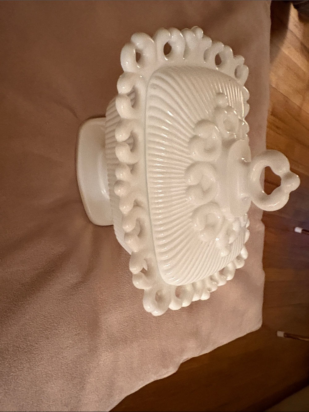 Ornate Milk Glass Covered Dish with Loop Edge/ Vintage 7 1/2 in tall